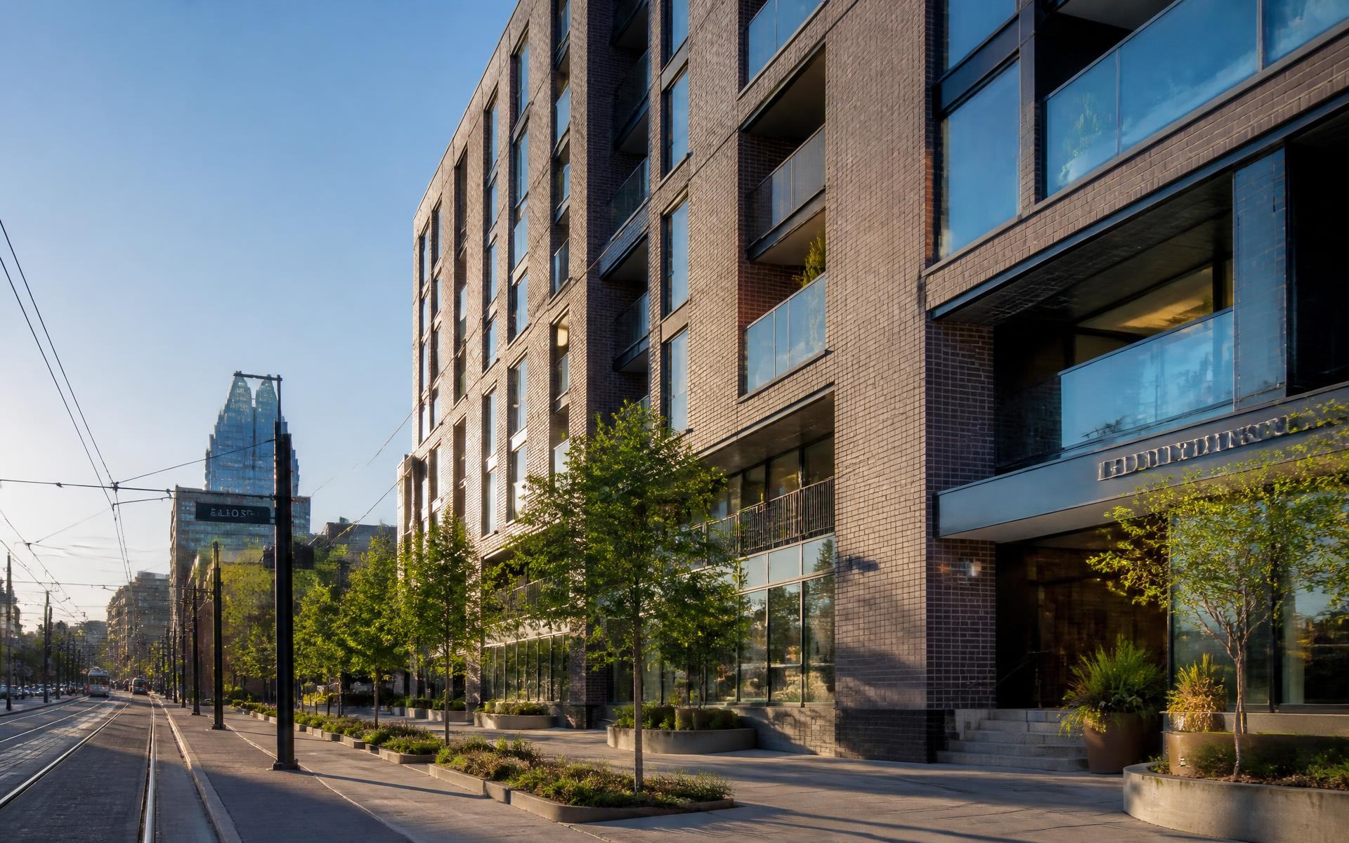Modern apartment building with brick and glass facade near the light rail beside Dilworth