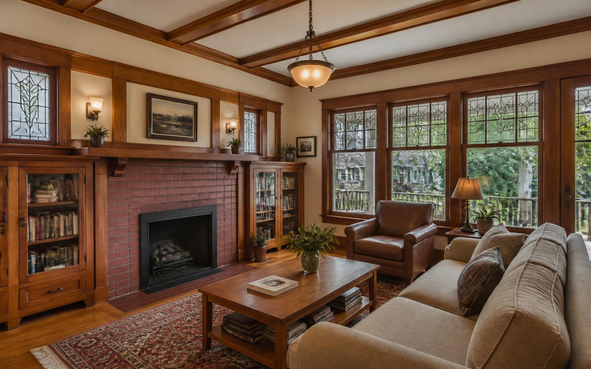 Warm, furnished interior of a renovated bungalow living room