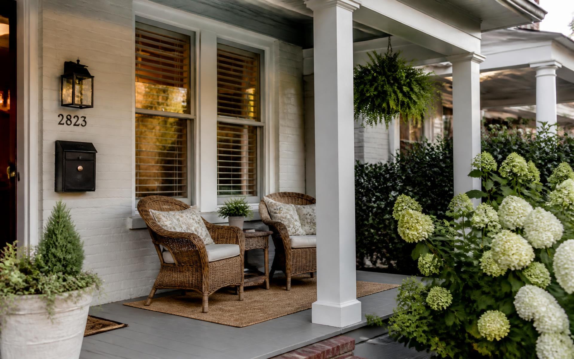 Welcoming front porch of a historic Dilworth home with wicker chairs and hydrangeas