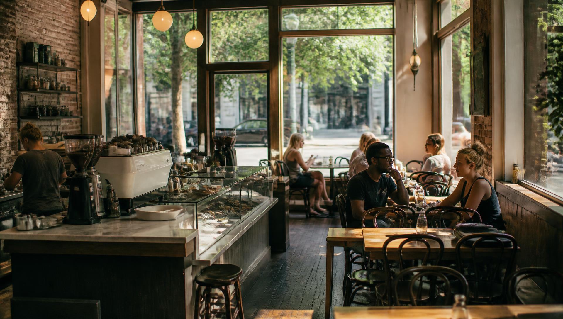 Customers at wooden tables inside a sunlit independent coffee shop in a historic Dilworth storefront