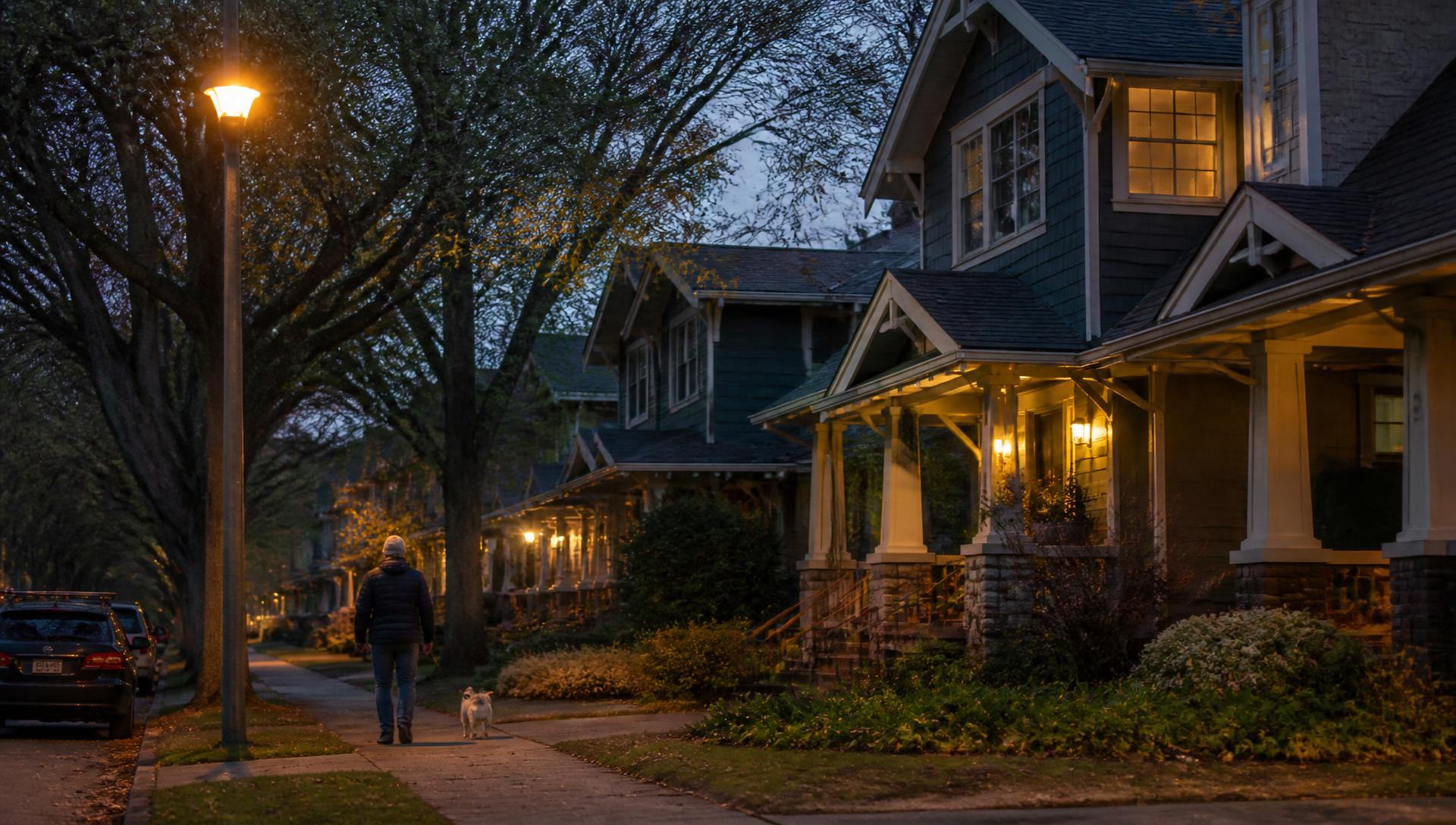 A resident walking a dog past lit Craftsman porches on a Dilworth sidewalk at dusk