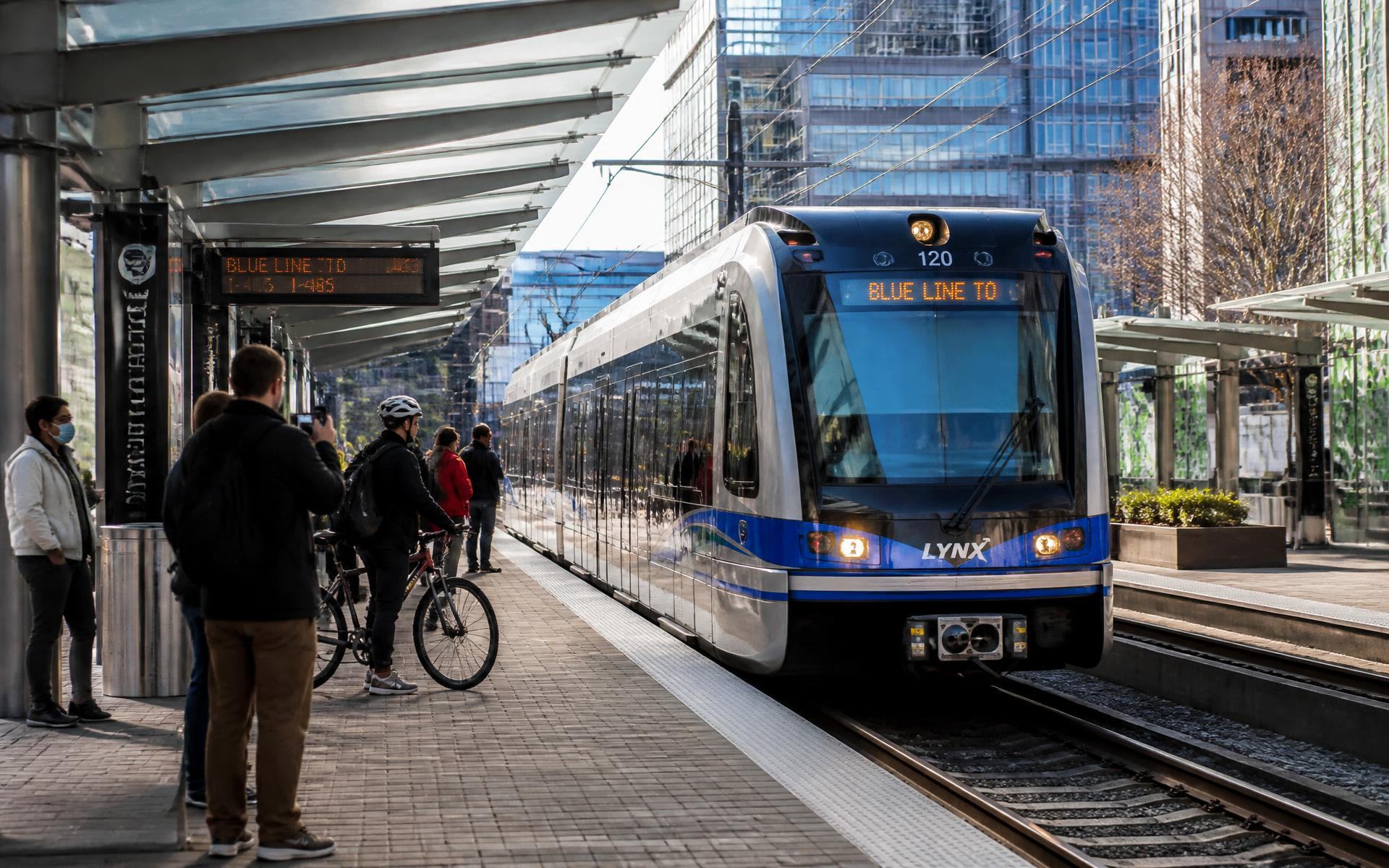 A LYNX Blue Line light rail train arriving at a station near Dilworth, Charlotte
