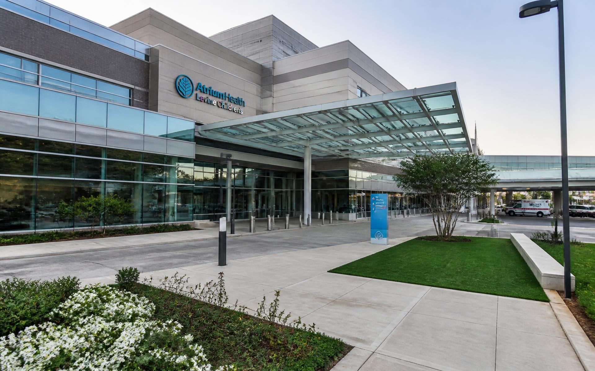 A modern hospital campus entrance in Charlotte's medical district near Dilworth