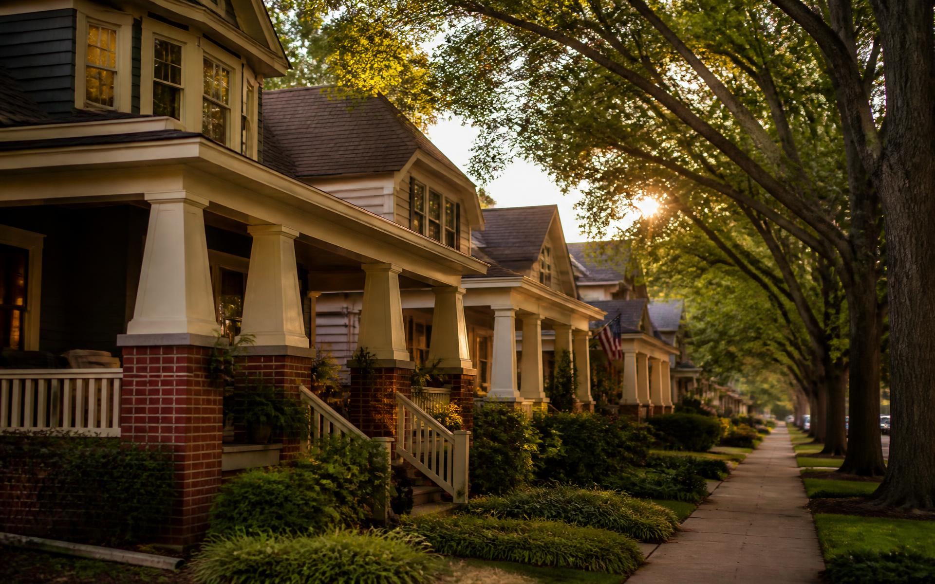 Tree-lined residential street of historic homes in Dilworth, Charlotte, North Carolina