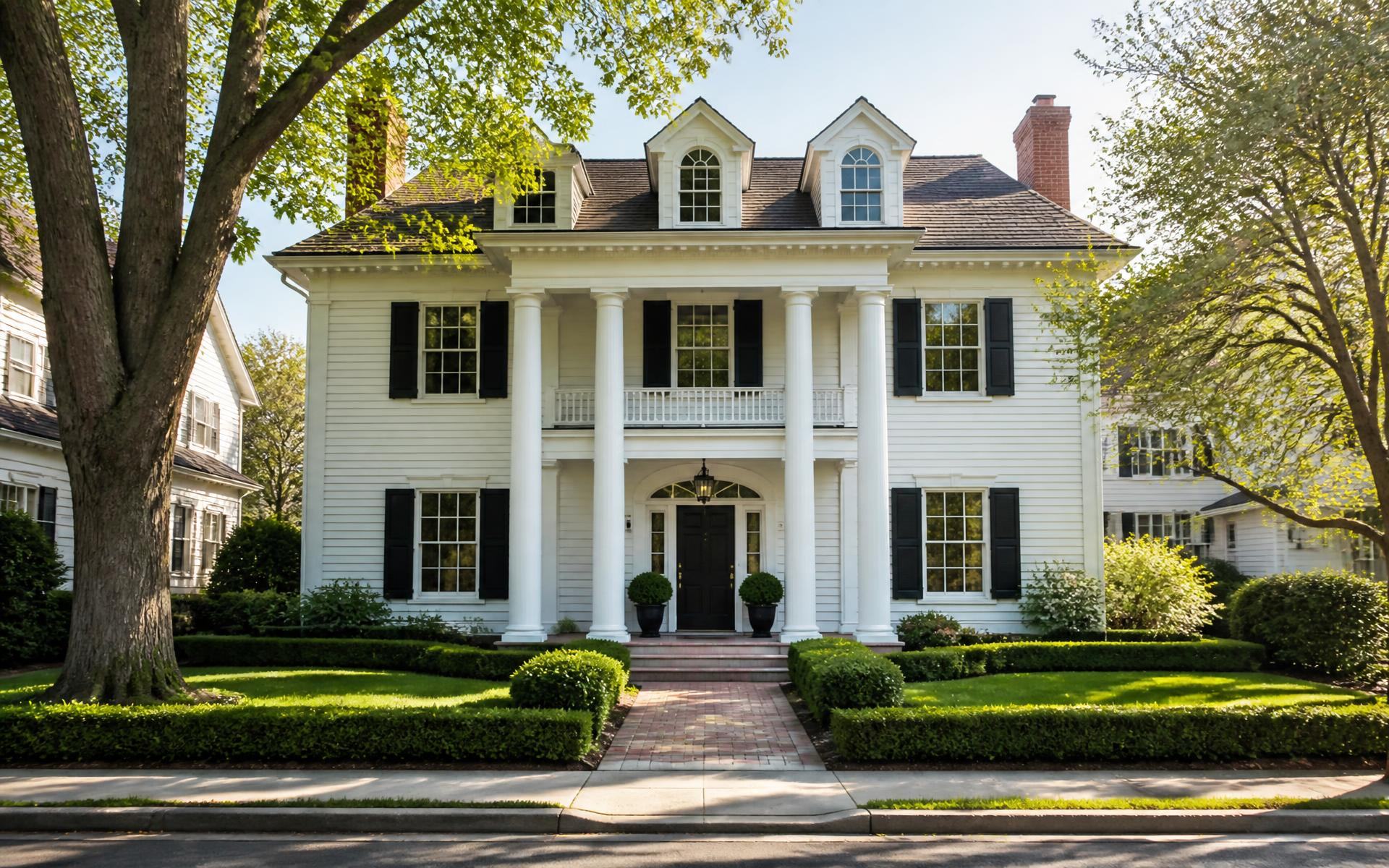 Restored historic home behind clipped boxwood hedges