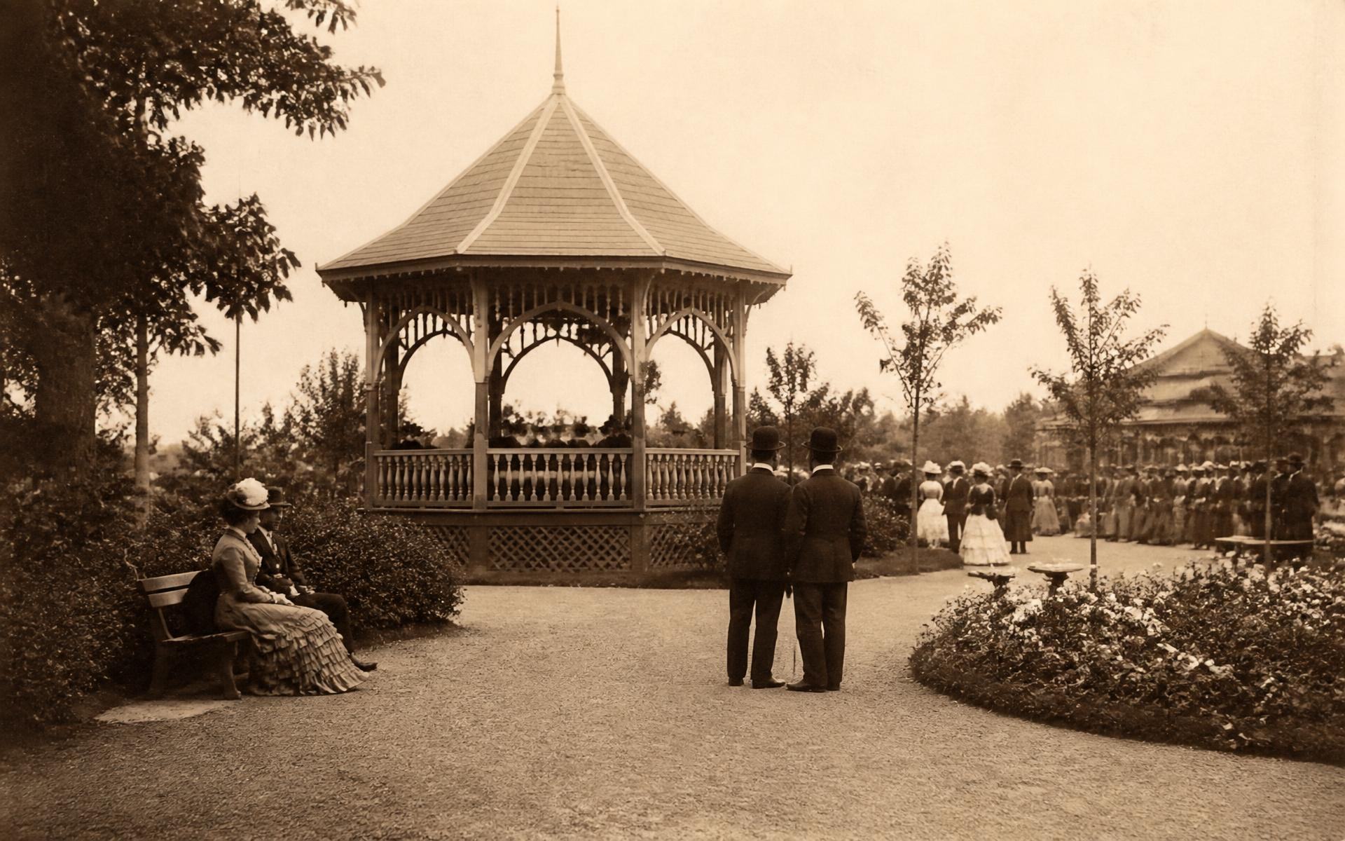 Archival view of the 1891 pleasure garden and pavilion at Latta Park