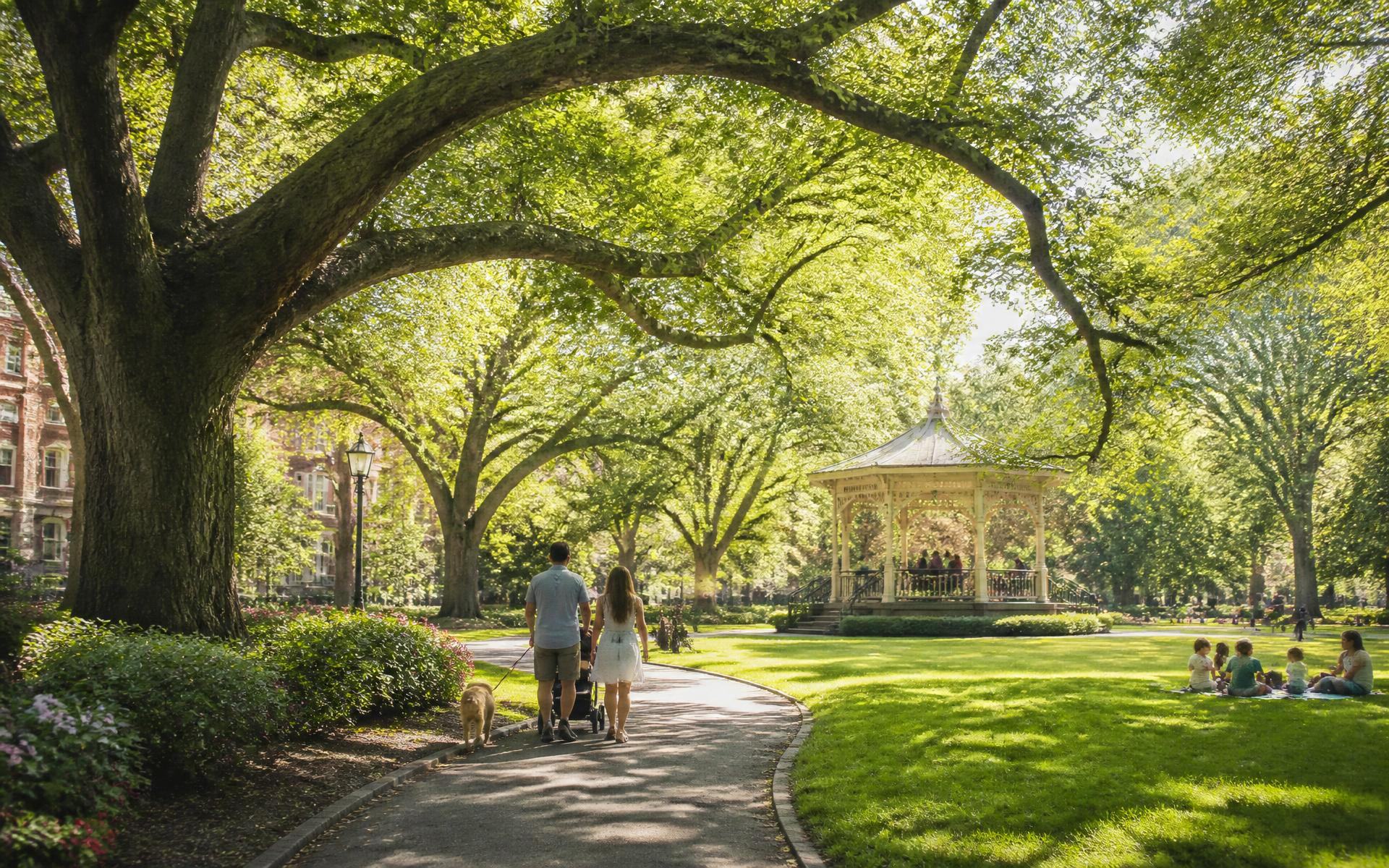 Shaded lawn and mature trees in a historic urban park