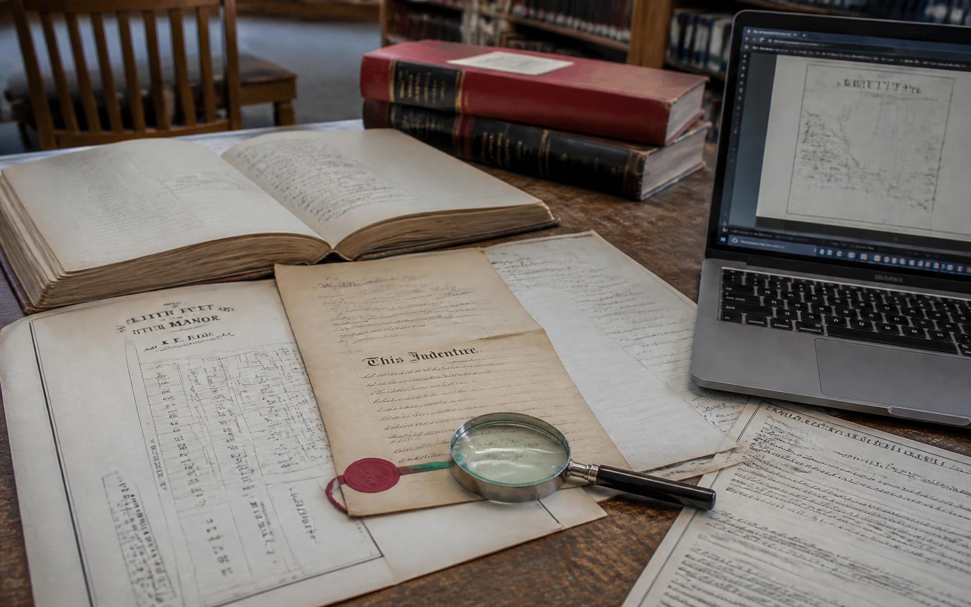 Archival deeds and historic plat maps on a research desk