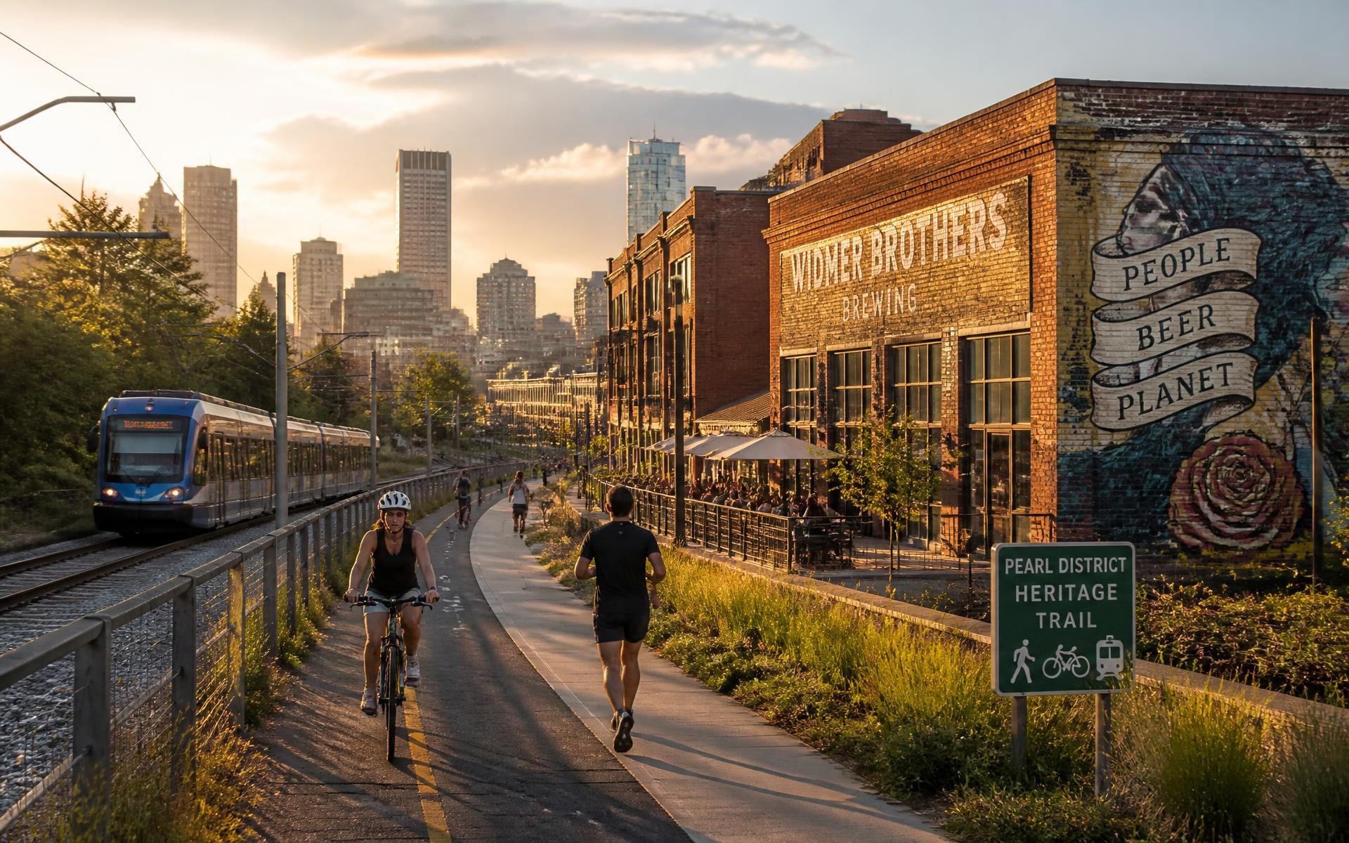 Paved Charlotte Rail Trail path with cyclists near the LYNX Blue Line corridor at the edge of Dilworth