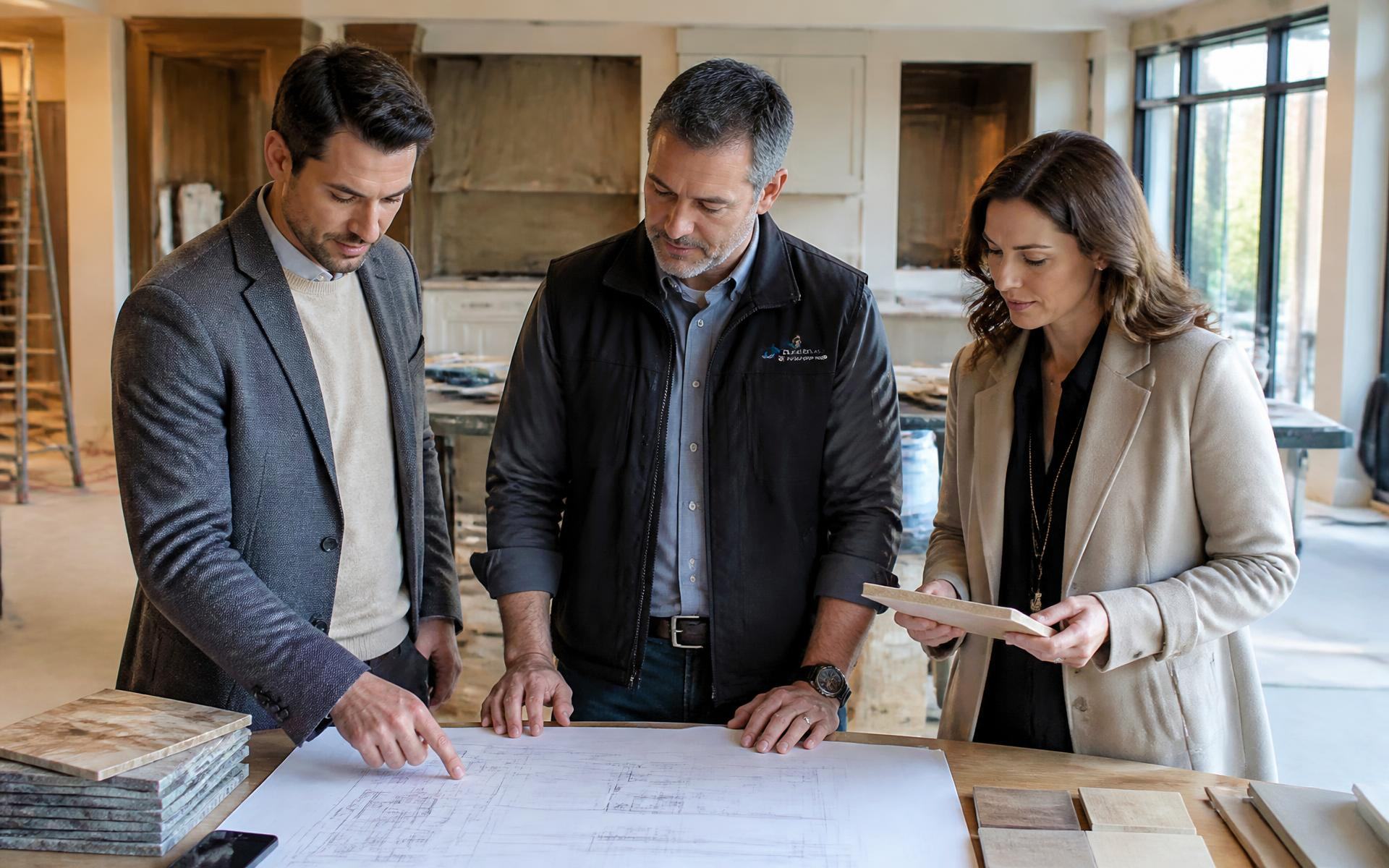 A builder, designer and broker reviewing plans and material samples on site