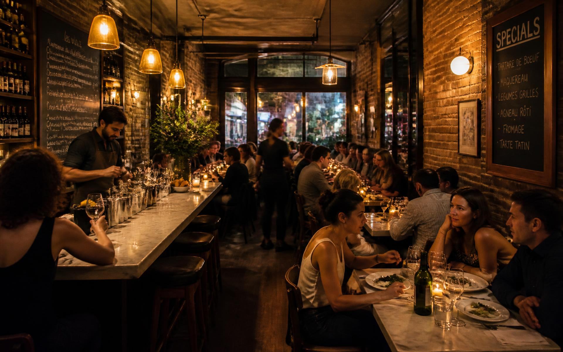 Warm evening interior of a neighborhood bistro