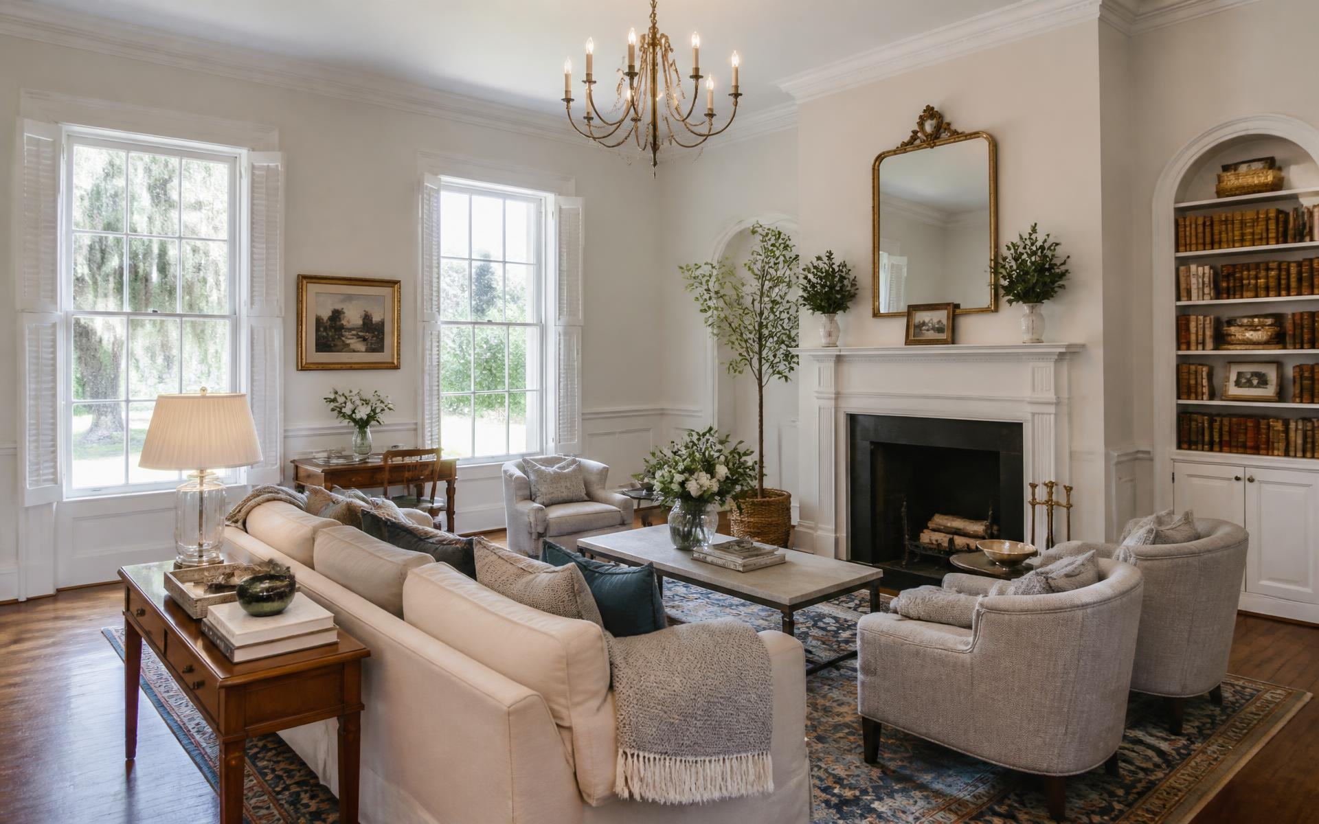 A staged living room in a historic Dilworth home ready for an open house